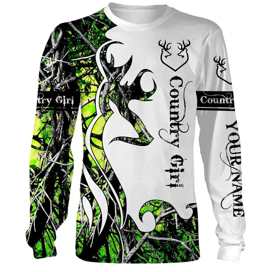 Country Girl Deer Hunting Green Muddy Camo Customize Name 3D All Over Printed Shirts Personalized Hunting gift For Adult And Kid NQS830