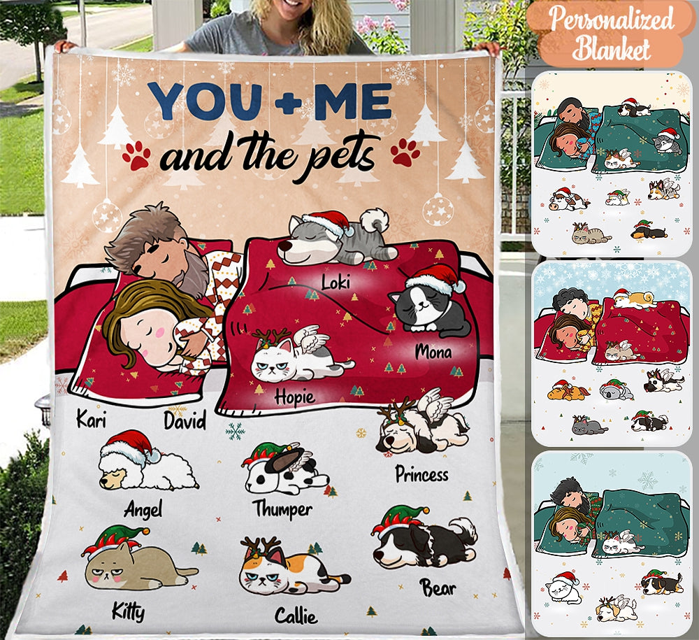 Custom Blanket For Couples/Pet Lovers – Christmas Gift With Personalized Name/Dad/Mom – You Me And Pets – Choose Up To 9 Pets/Dogs/Cats – Furlidays