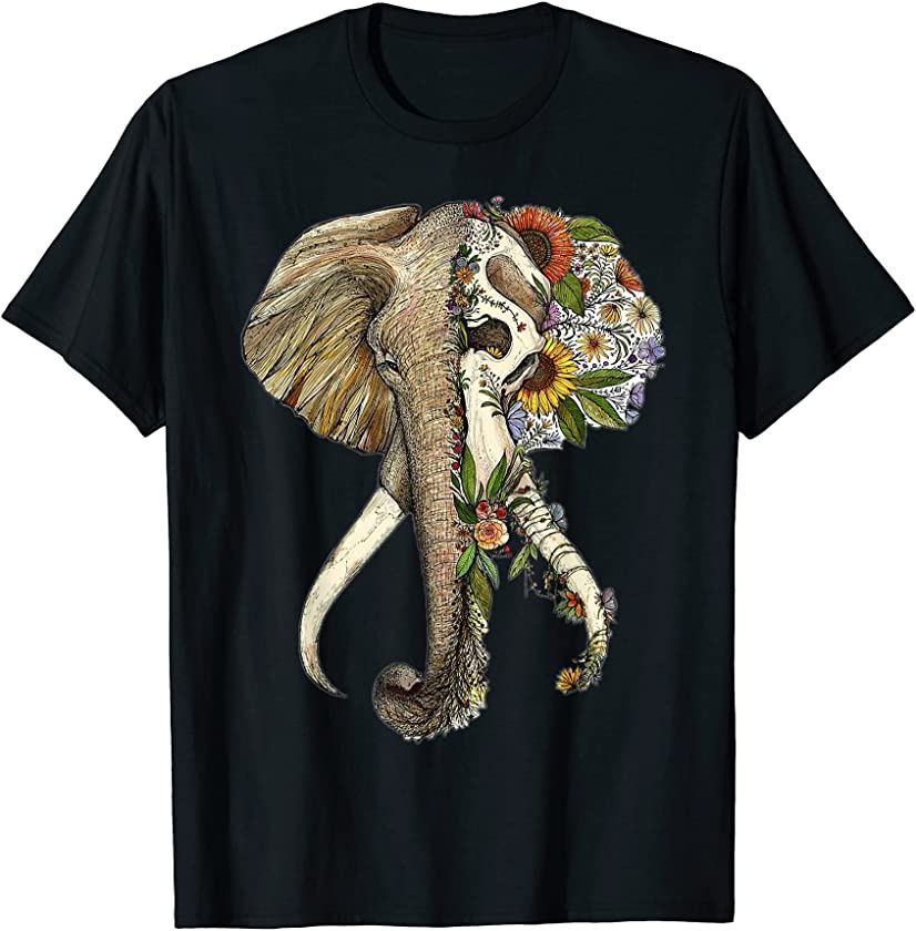 Sugar Skull Elephant Dia de los Muertos Half Half Halloween T-Shirt