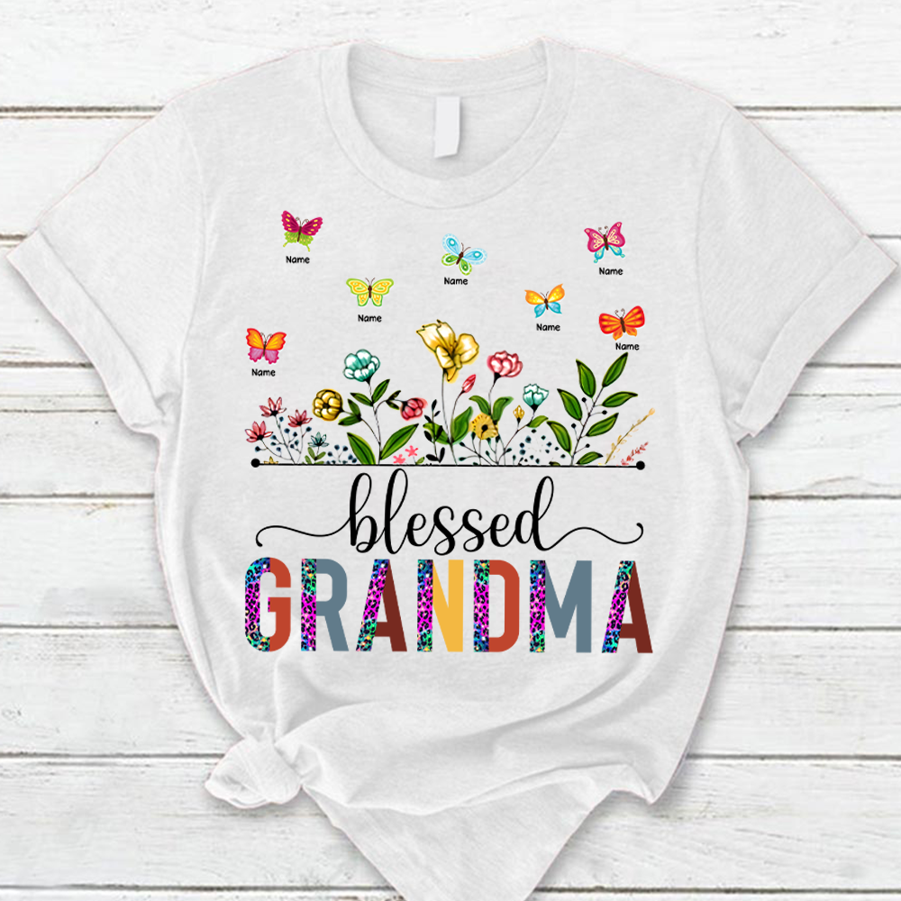 Personalized Blessed Grandma Leopard Colorful Bling Pattern Wildflowers & Butterflies T-Shirts For Grandma Hg98 Nh00