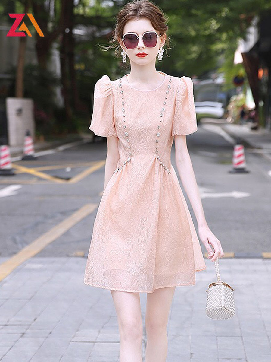 ZALady pink o-neck a-line mini dresses women puff sleeve summer diamond elegant korean chic fashion party sweet dress robe femme alx