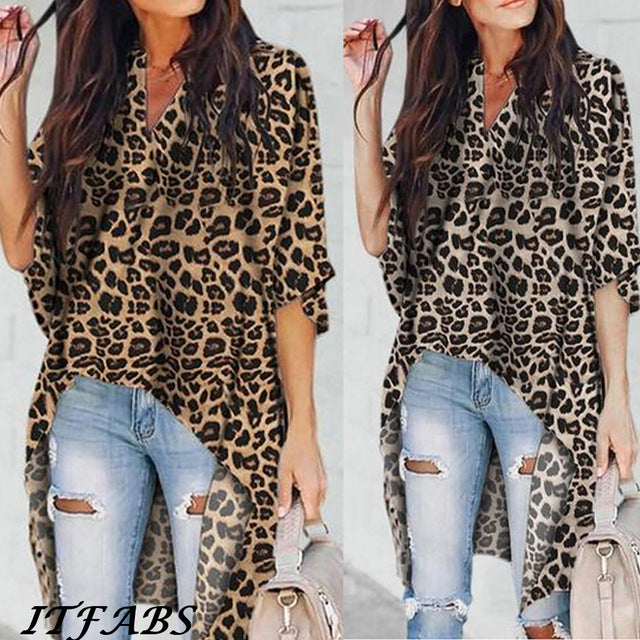 Flare Sleeve Irregular Leopard Print Shirt Tops