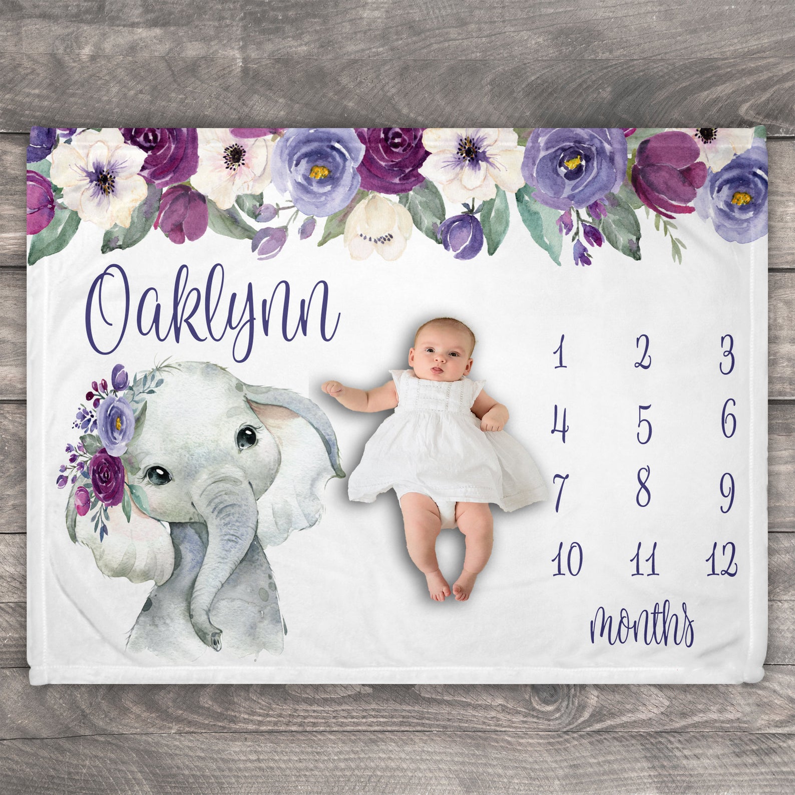 Baby Milestone Blanket , Growth Tracker Elephant Month Blanket , Elephant Baby Newborn Baby Safari Animals Shower Gift Girl Nursery Purple