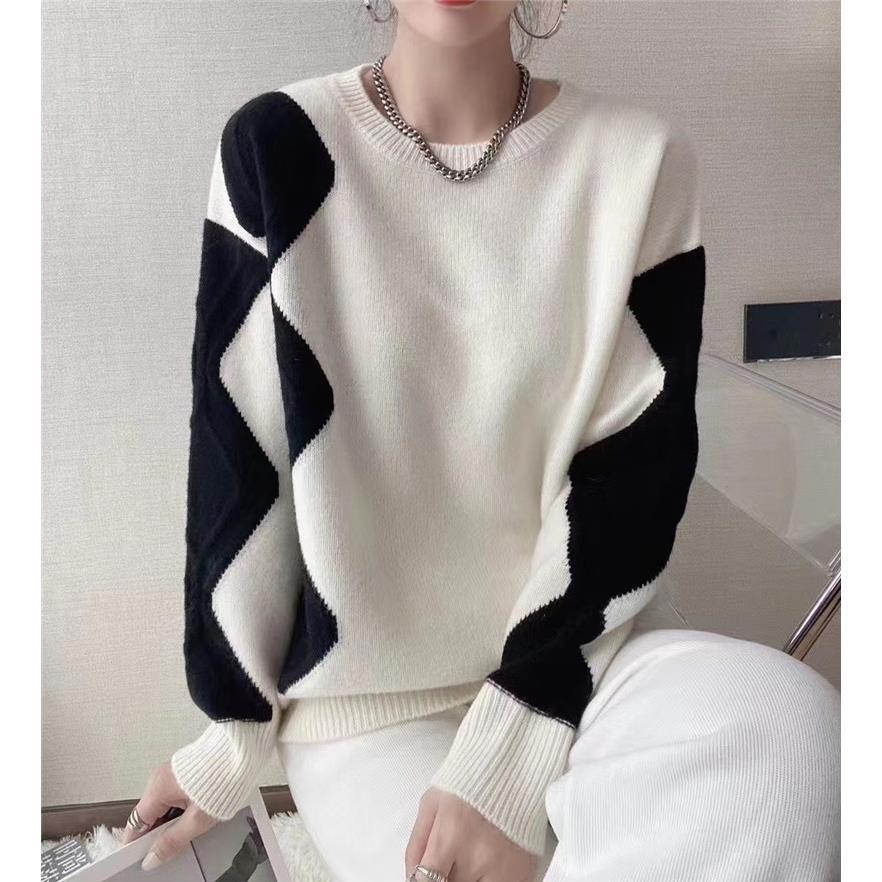 Autumn Winter Thick O-Neck Spliced Comfortable Pullovers 2022 Popularity Vintage Women’s Clothing Loose-fitting Simple Sweaters alx