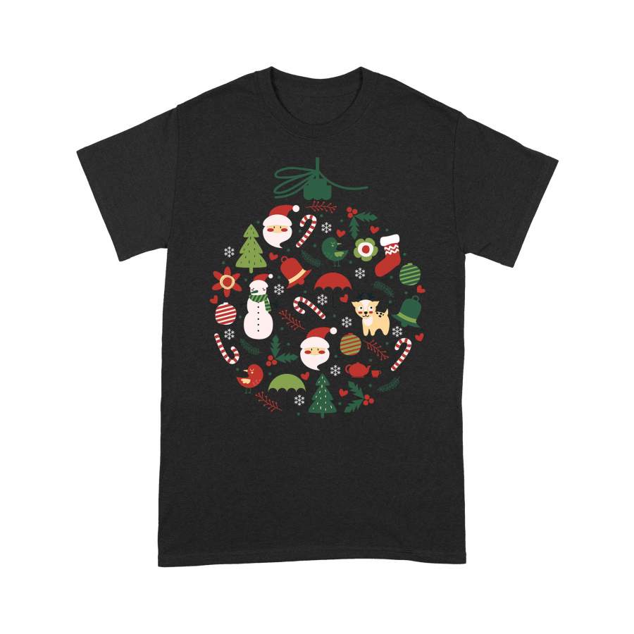 Christmas Gift Idea Laurel Wreath Is Composed Of Santa Claus Pine Bells Candy Cane Snow Birds And Holly – Standard T-shirt