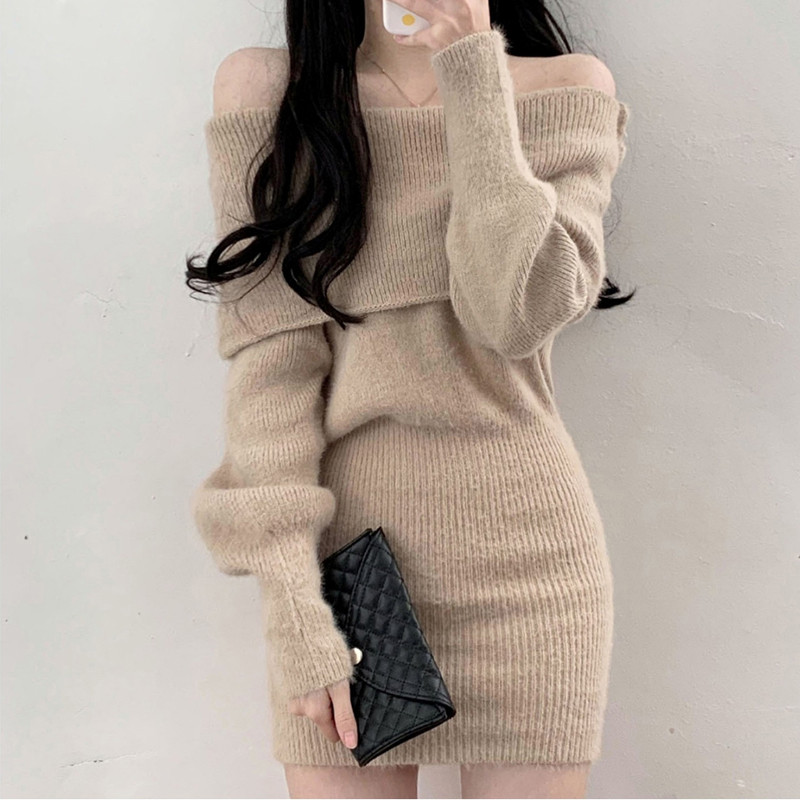 2022 New Spring Fashion Long Sleeve Knitted Dress Women Sexy Slash Neck Slim Mini Dress Off Shoulder Bottoming Sweater Dress alx