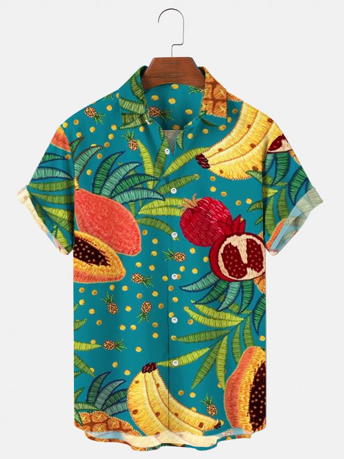 Mens Tropical Fruit Print Vintage Hawaii Shirt Beach Holiday Tops Ha31184