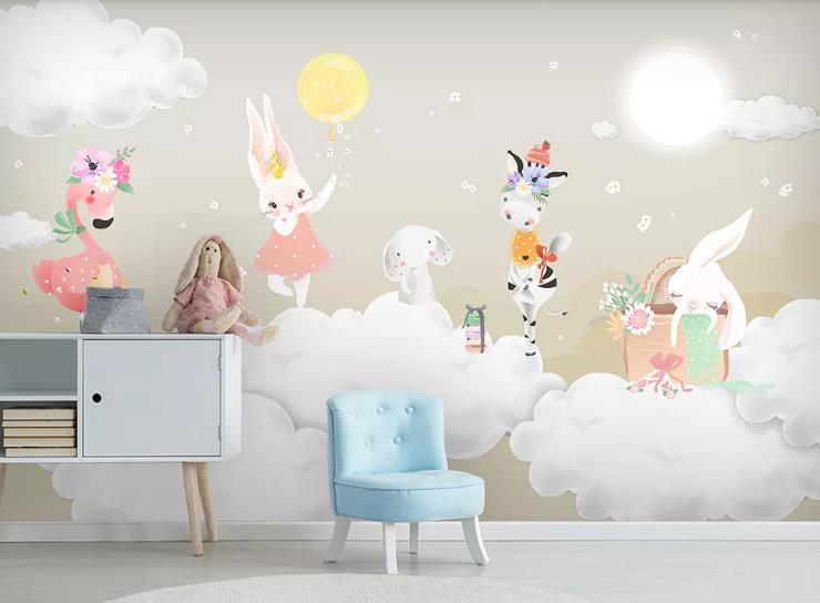 3D Cartoon Animal Sky Cloud Wall Mural Wallpaper Lqh 276