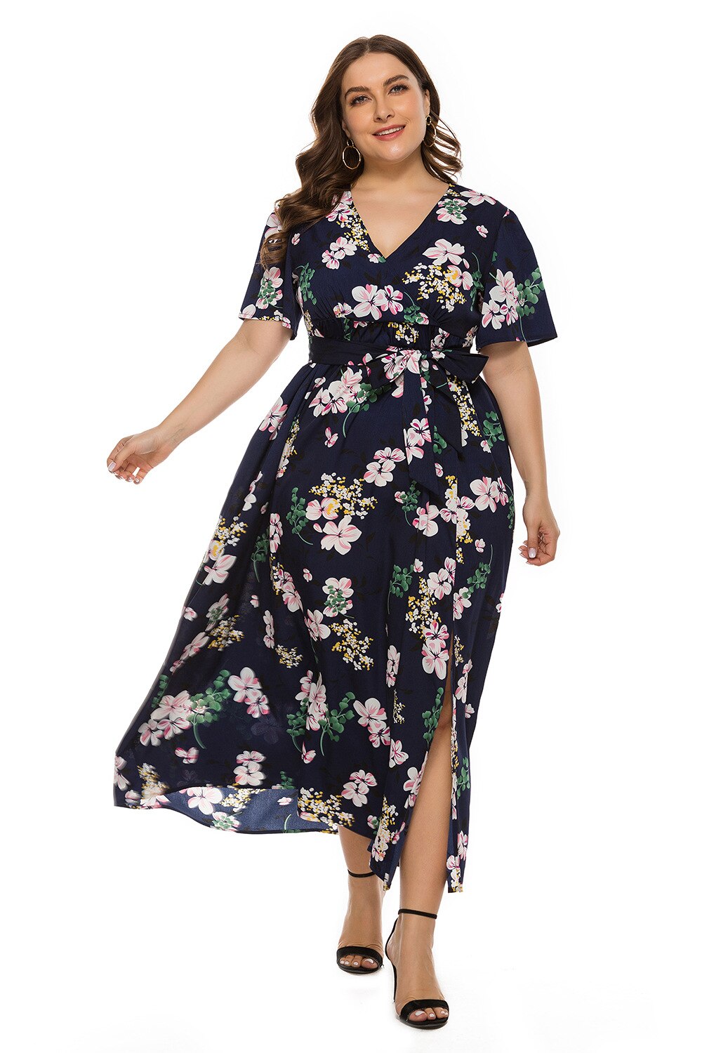 Bohemian Women Party Dresses Plus Size Summer 2022 Sexy V Neck Split Maxi Long Dress Ladies Floral Print Wraped Dress 4XL 5XL alx