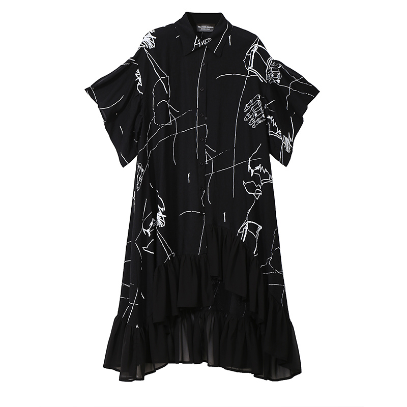 Unique Streetwear Style Woman Summer Plus Size Black Casual Shirt Dress Half Sleeve Ruffles Printed Ladies Dress Loose Robe 3751 alx