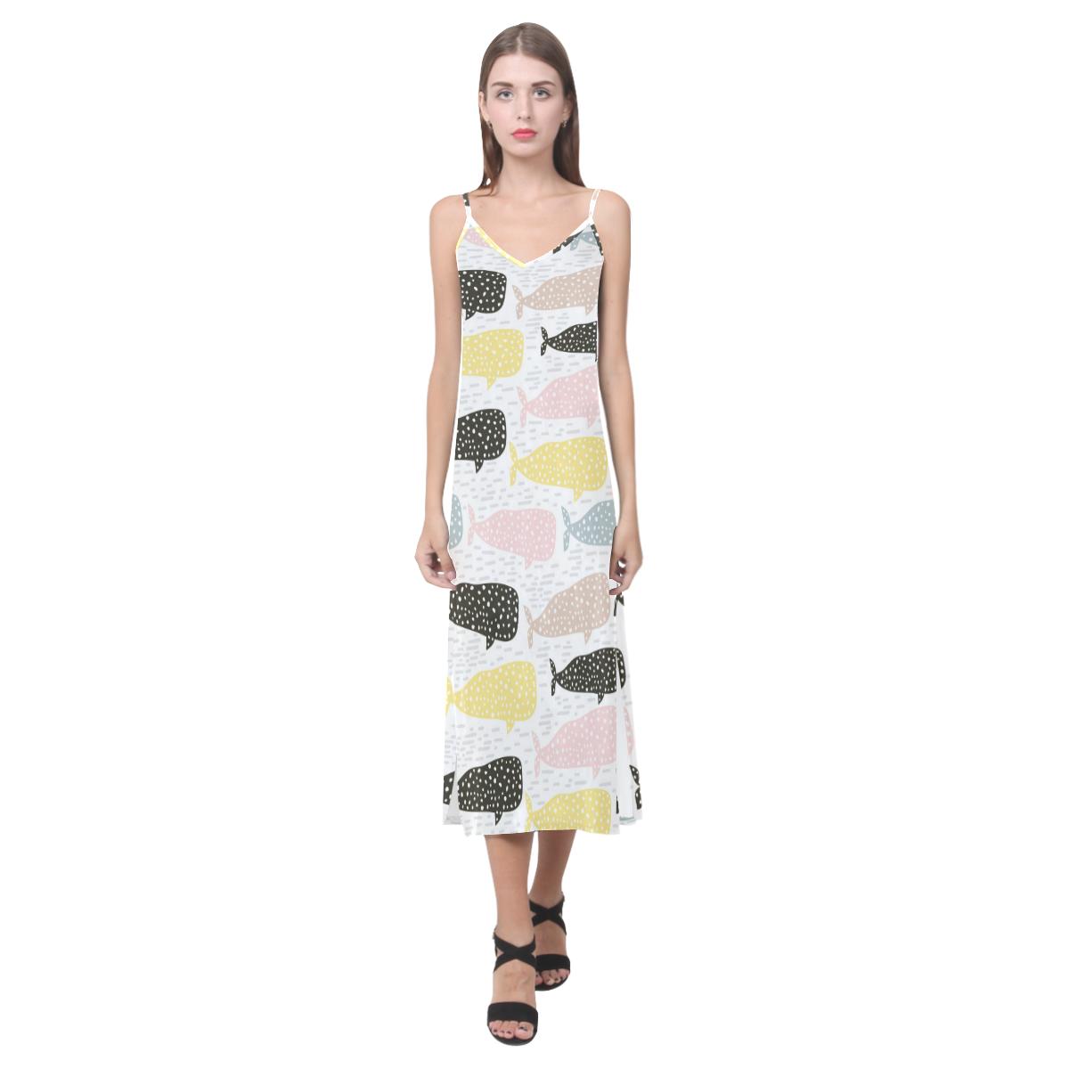 Whale dot pattern V-Neck Open Fork Long Dress