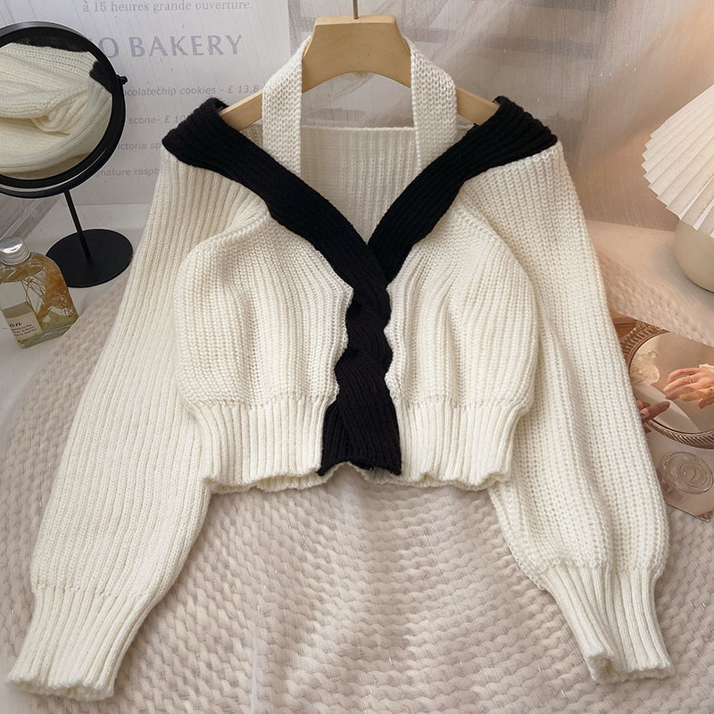 Yitimoky Oversized Sweater Women Pullover Jumper Halter Long Sleeve Knitted Crop Tops Splicing Fashion Clothing Fall Winter 2022 alx