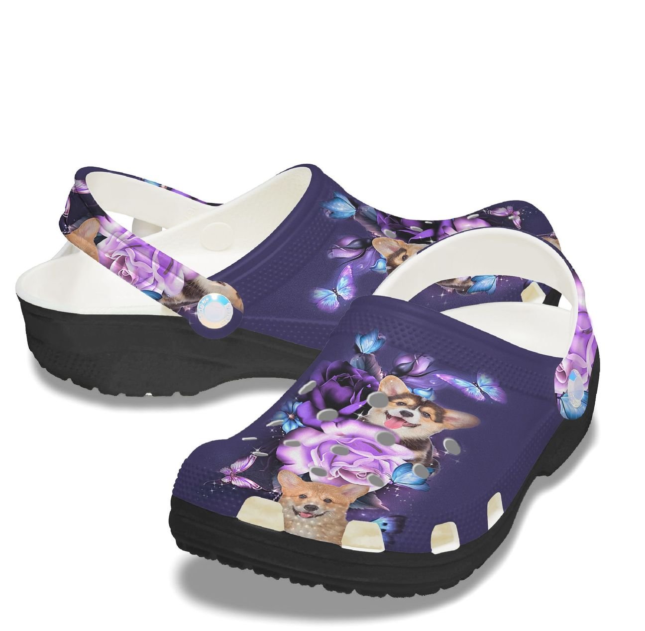 Corgi Personalized Clog, Custom Name, Text, Color, Number Fashion Style For Women, Men, Kid, Print 3D Purple Flower Corgi