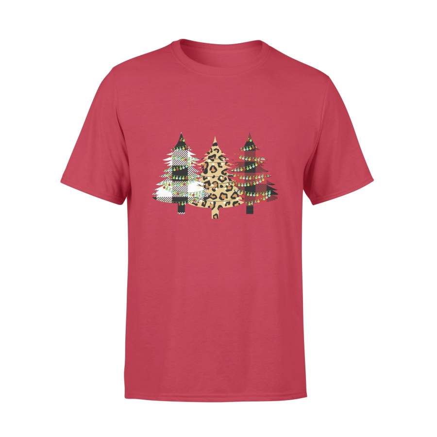 Buffalo Plaid Red White Leopard Christmas Tree Xmas T-shirt