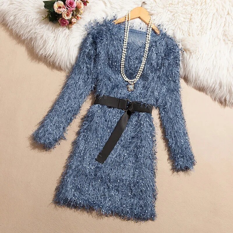 2022 Autumn Winter Korean Women Round Neck Slim A-line Skirt Long-sleeved Furry Green Furry Fringed Hip Dress Splicing Female CH alx