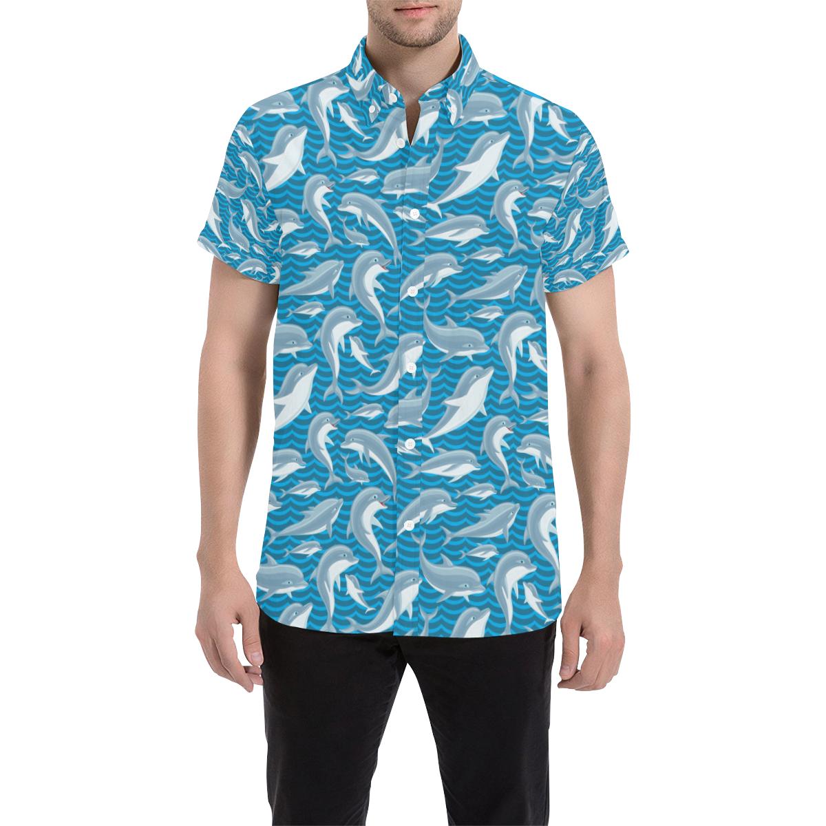 Dolphin Cute Print Pattern Men Button Up Shirt