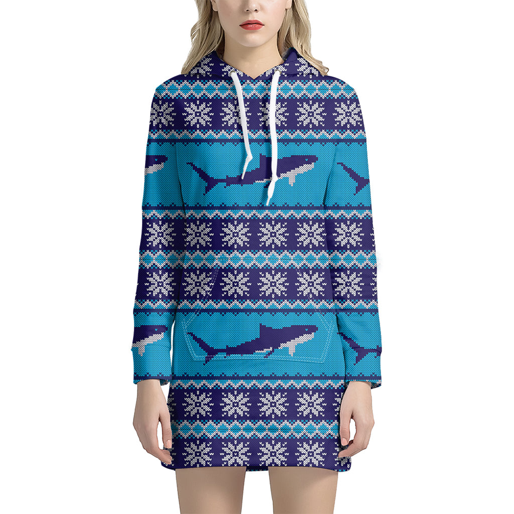 Shark Knitted Pattern Print Women’S Pullover Hoodie Dress