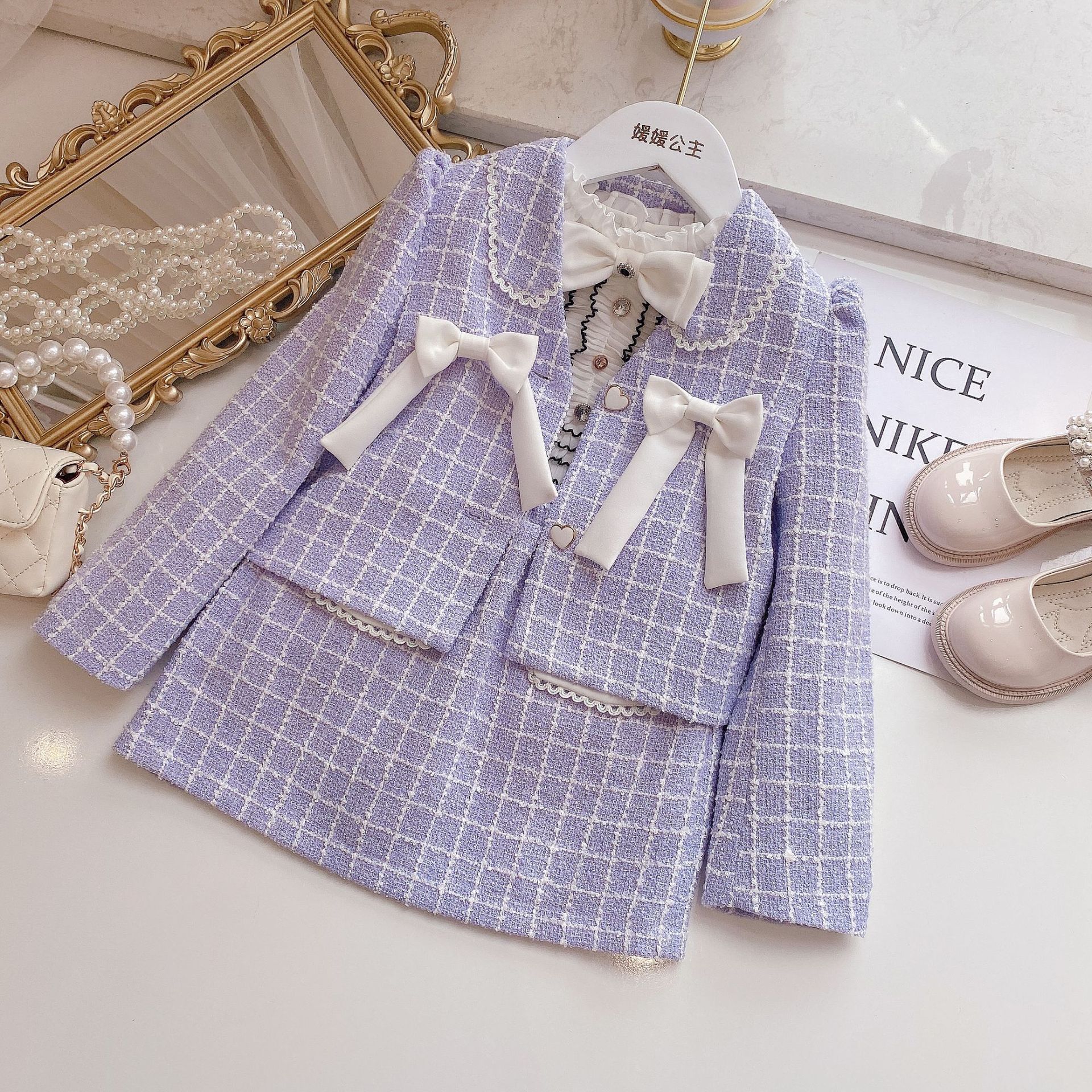 Sweet Outfits Kids Girls Princess 2pcs Clothes Sets Spring Autumn Children Fashion Blazer Coat+Skirt Vintage Outfits Suit alx