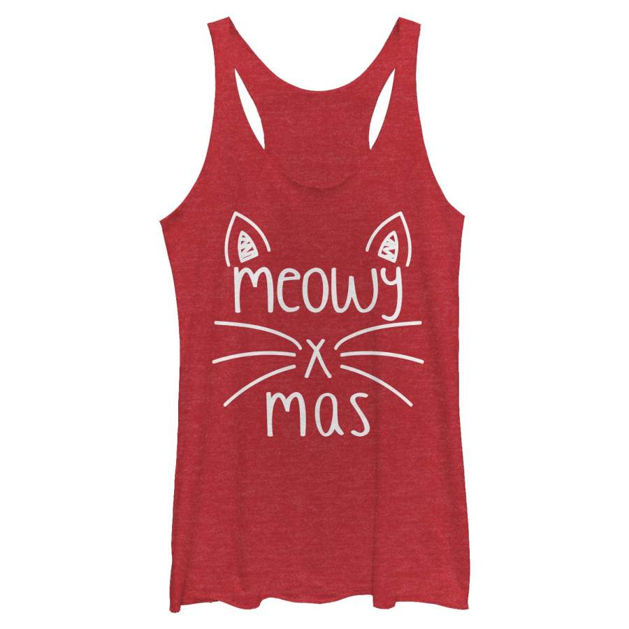 Lost Gods Women’s Christmas Cat Meowy  Racerback Tank Red Heather