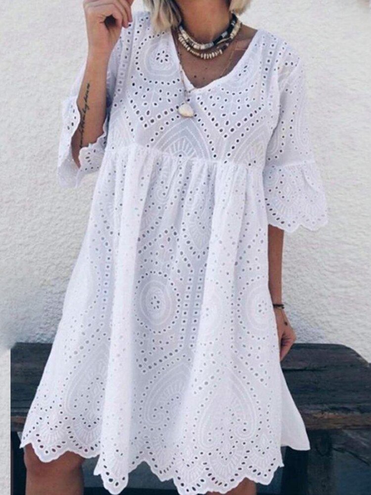 ZANZEA Bohemain Lace Dress Women’s Summer Sundress Fashion Flare Sleeve Knee Length Vestidos Female Hollow Cotton Robe alx