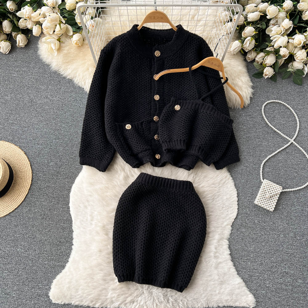 SINGREINY Loose Knit Three Piece Suits Women Winter Button Cardigan Slash Neck Camisole Mini Skirt Warm Casual Sweater Sets alx