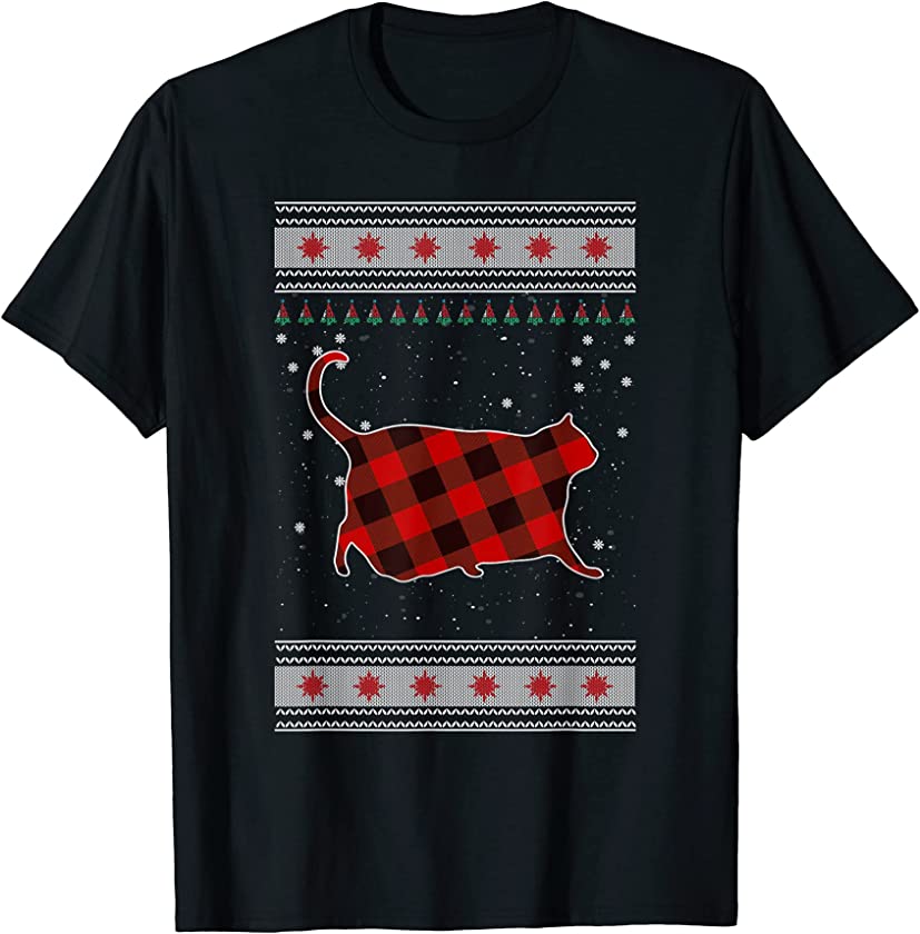 Red Plaid Animals cat Chonk Lover Christmas Sweater T-Shirt