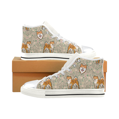 Akita Flower White High Top Canvas Women’s Shoes/Large Size (Model 017)