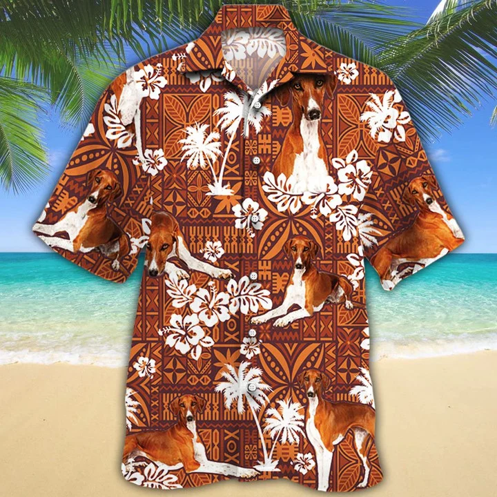 Azawakh Dog With White Palm Trees And Hibiscus In Brown Hawaii Shirt Ha39435