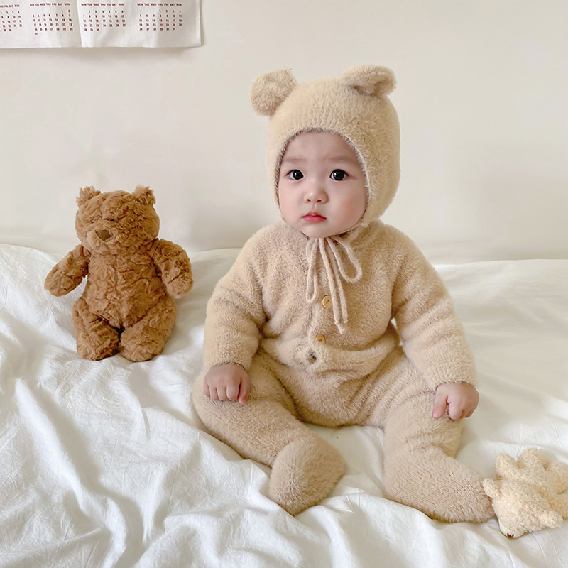 66-100cm Baby Autumn Clothes Boys Girls Outwear Super Cute Mink Fur Romper Cute Bear One Piece Romper with Hat Knitted Sweater alx