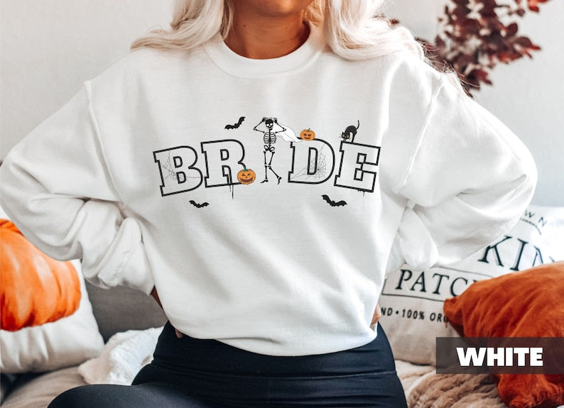 Bride Skeleton Sweatshirt, Pumpkin Halloween Crewneck Sweatshirt All Over Print Sweatshirt For Women Sweatshirt For Men