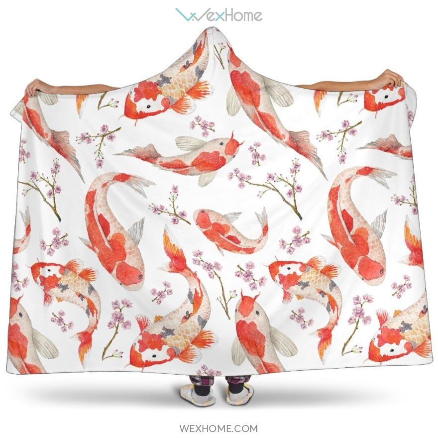 Watercolor Koi Fish Carp Fish Pattern Hooded Blanket