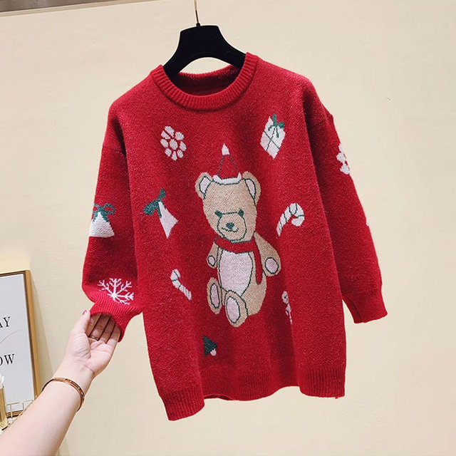 BEENLE Woman Xmas Knitted Sweater Korean Fashion Loose Bear Christmas Pullover Casual Loose Bottoming Shirts Women Clothing alx