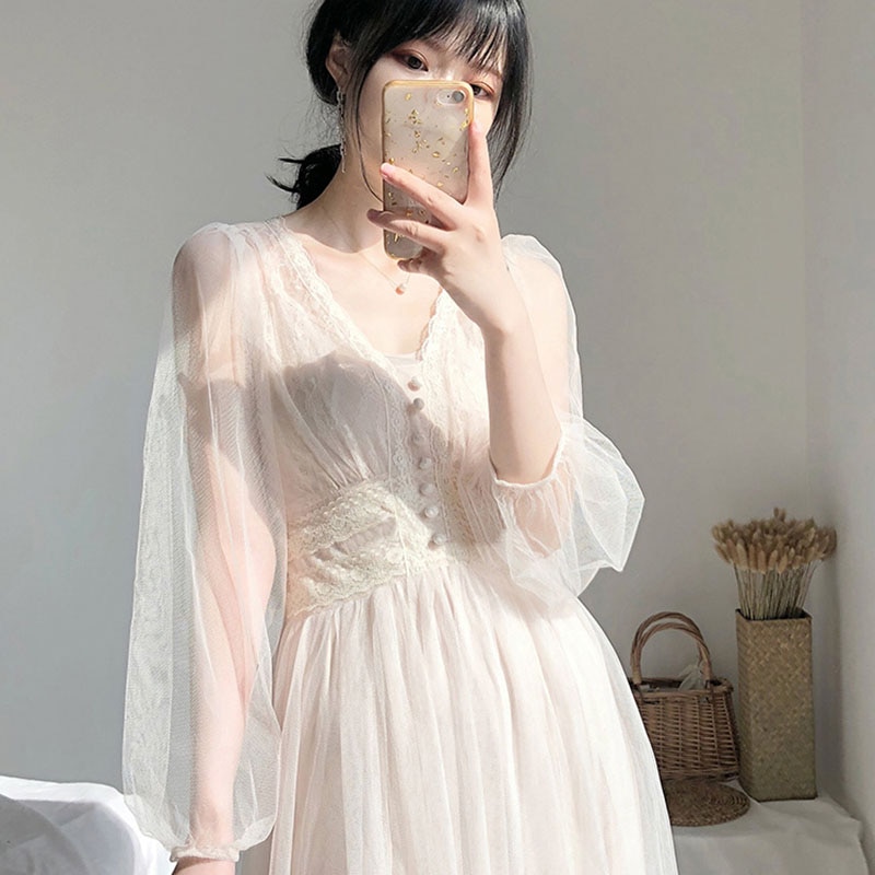 2022 Women Spring New Dress Vintage Elegant with Button A-Line Dress Solid Puff Sleeve Lace Voile Mesh Dress Women Vestidos 8126 alx