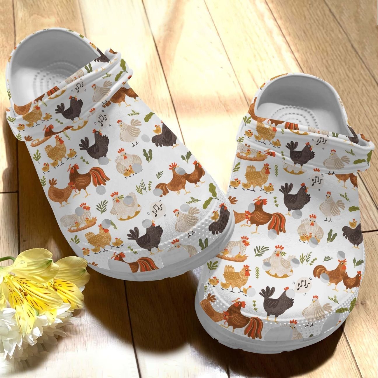 Chicken Personalize Clog, Custom Name, Text, Fashion Style For Women, Men, Kid, Print 3D Whitesole Chicken Melody