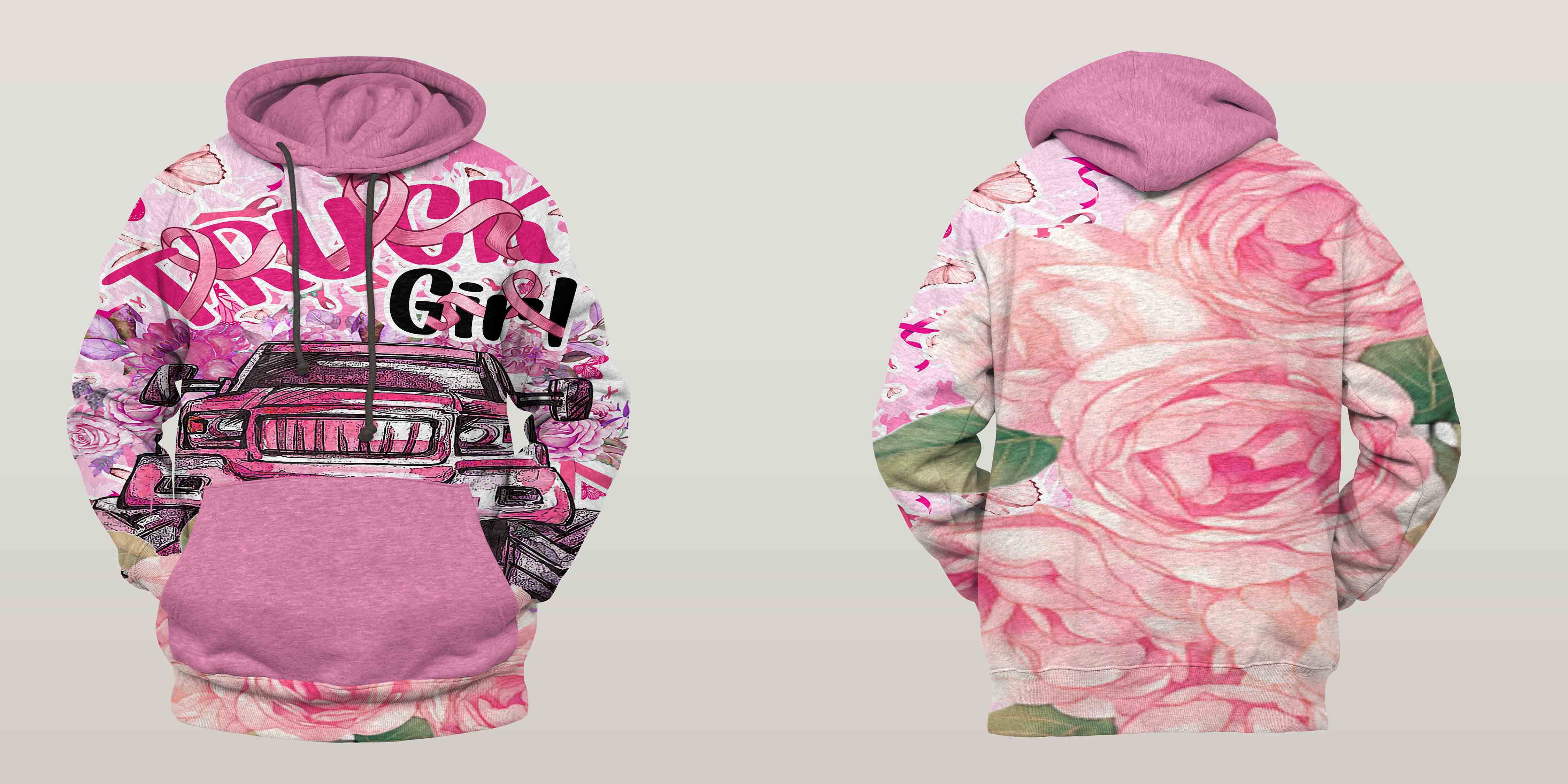 Truck Girl And Roses Hoodie Tshirt – Breast Cancer Awareness 3D Hoodie Christmas Gift For Girl Woman Friend Sweater Pink