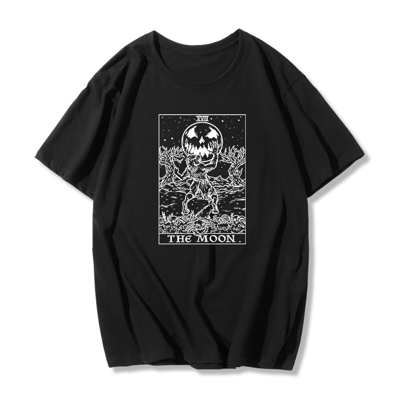 Black T-shirt Women Vintage Grunge Style Tee Tarot Card The Moon And Cat Aesthetic Harajuku Hipster Ulzzang Edgy Graphic Tees alx