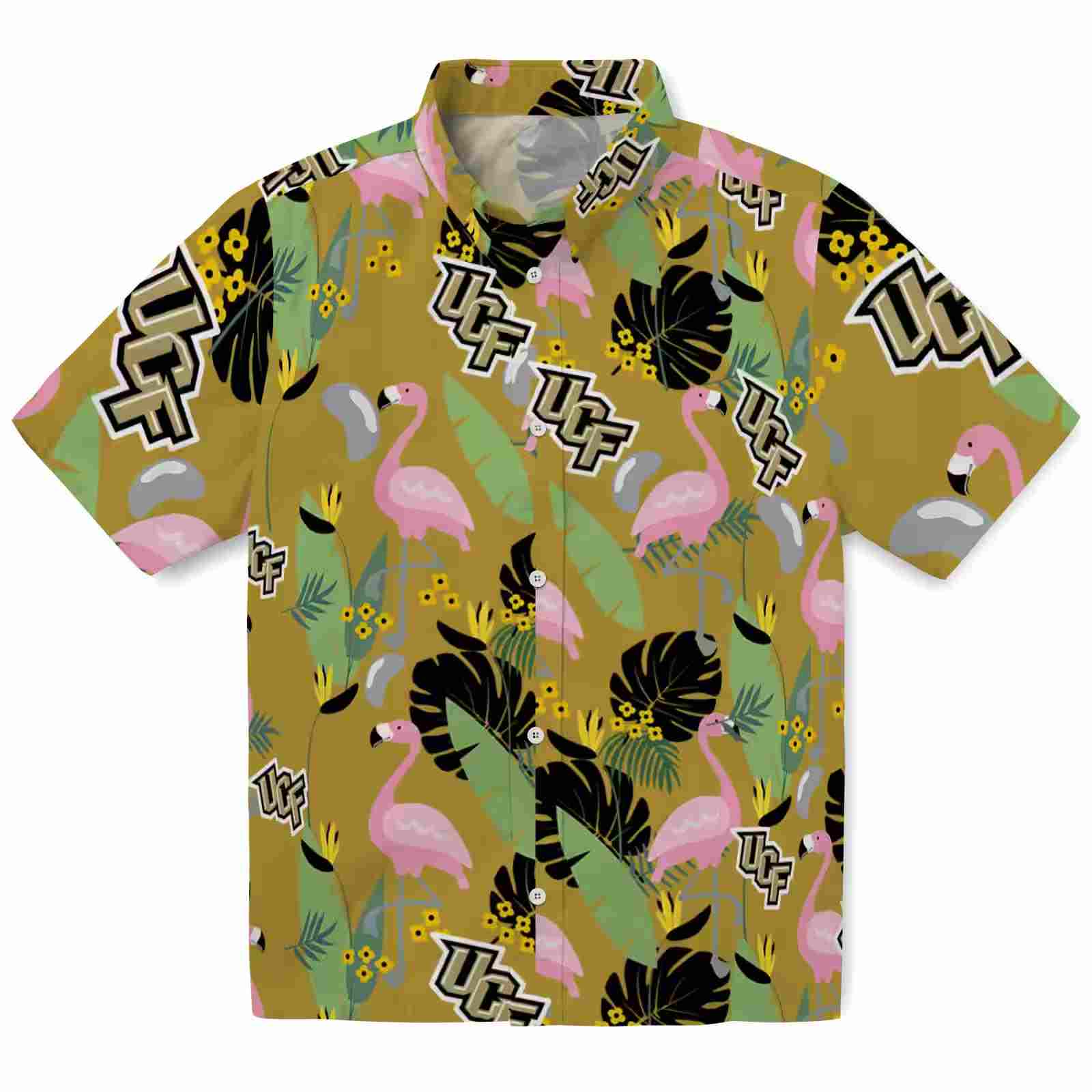 Ucf Knights Flamingo Leaves Gold Hawaiian Shirt