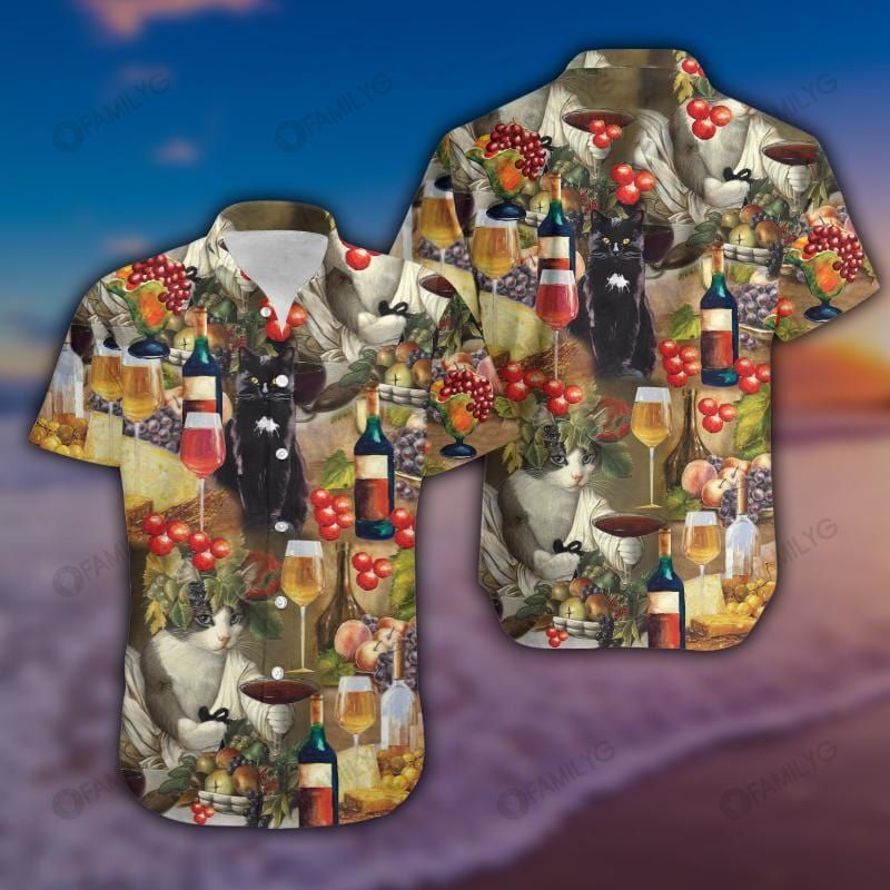 Wine Shirt – Black Cat Drinking Wine Hawaiian Shirt Summer Hawaiian For Men, Women, Couple