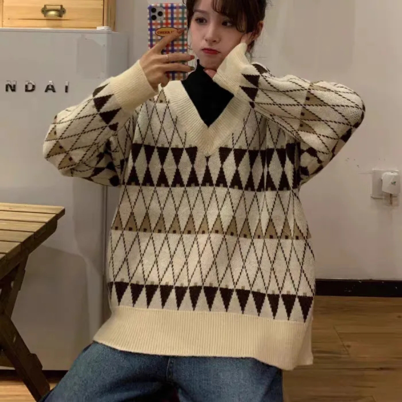 Vintage Argyle Knitted Pullovers Women Fall New 2022 Korean Fashion V-Neck Sweater Student Chic Baggies Long Sleeve Tops Mujer alx