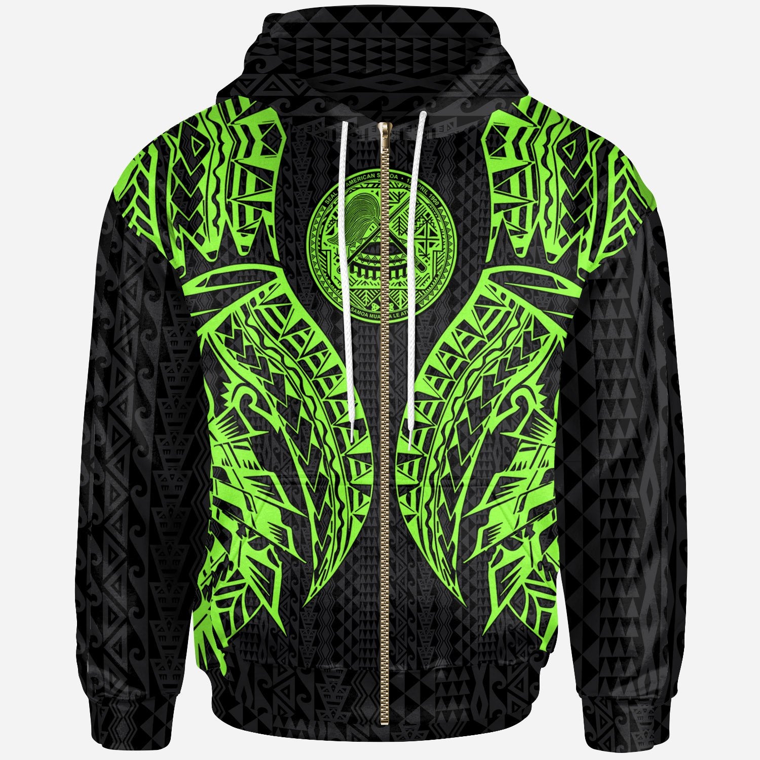 American Samoa Zip-Up Hoodie – Polynesian Lion Head Green Style