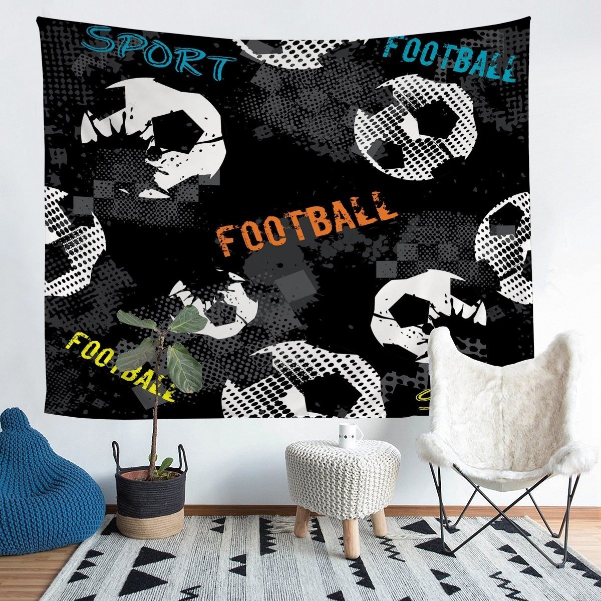 Boys Football Tapestry Sports Theme Wall Blanket For Kids Children Teens Soccer Ball Pattern Wall Hanging America Football Style Wall Art Bedroom Decor Sofa Cover
