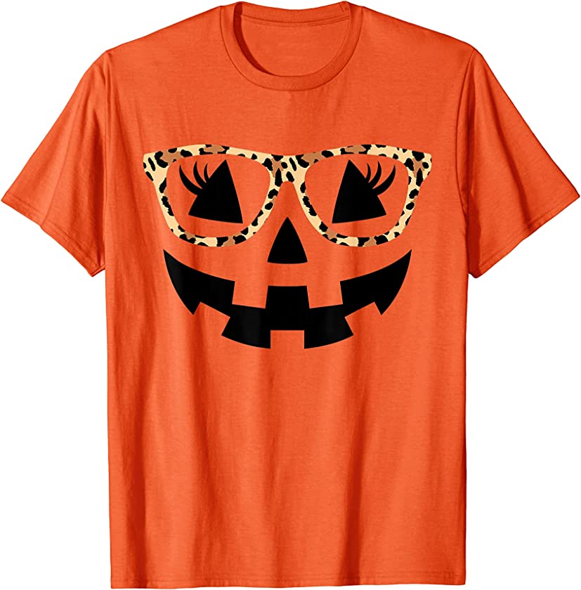 Jack O Lantern Face Pumpkin Hallowen Leopard Print Glasses T-Shirt