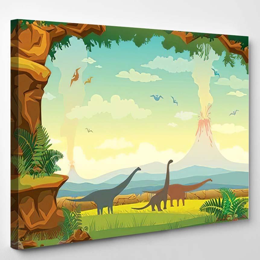 Prehistoric Landscape Mountains Volcano Silhouette Dinosaurs – Dinosaur Animals Canvas Print