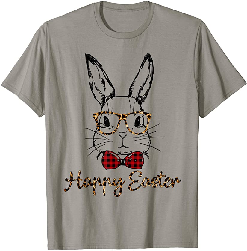 Cute Bunny Face Leopard Glasses Red Plaid Bow Happy Easter T-Shirt