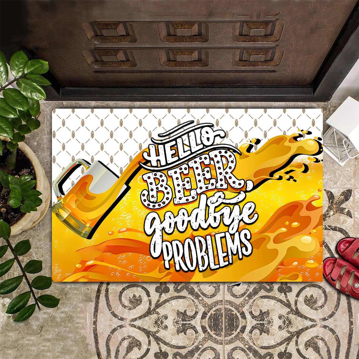 Personalized Name Family House Hello Beer, Goodbye Problems – 3D Doormat – Indoor And Outdoor Doormat Warm House Gift Welcome Mat Gift For Cat Beer,Gift For Friend Family