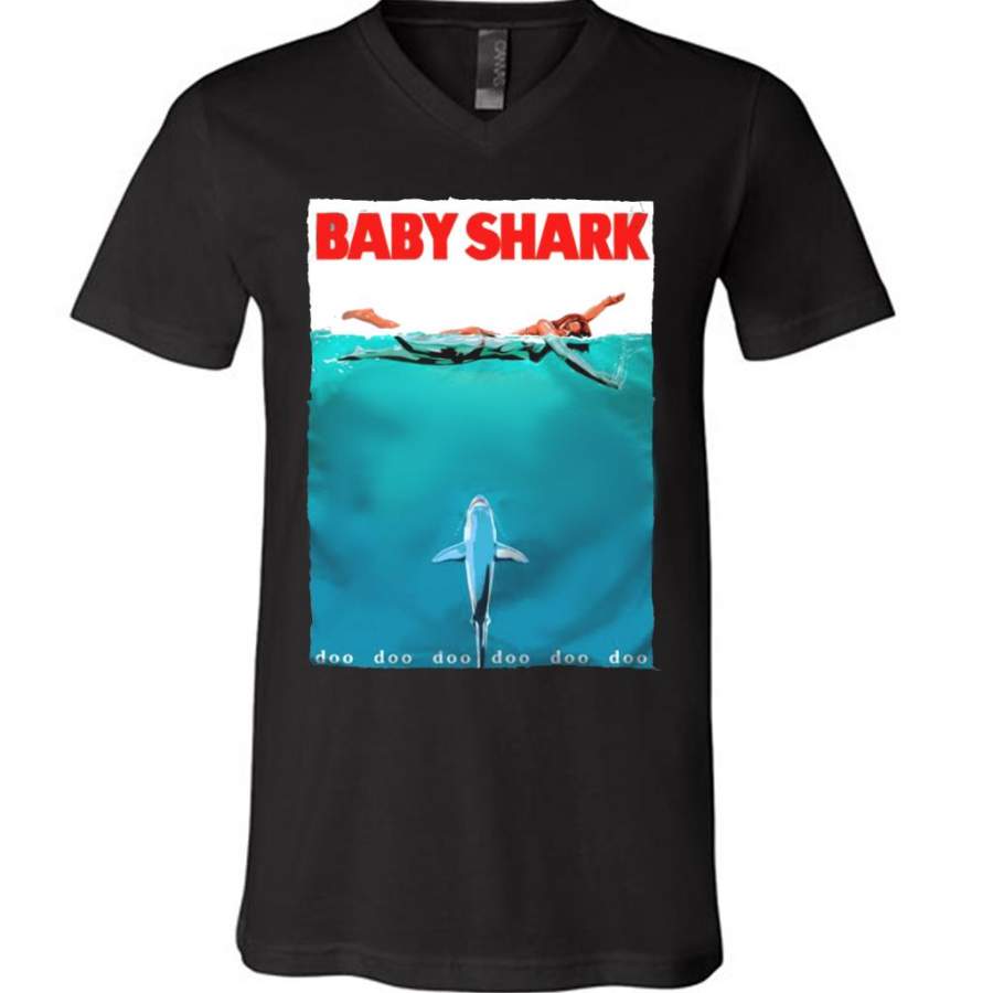 Baby Shark Doo Doo Doo Funny Swimming Girl – Canvas Unisex V-Neck Shirt