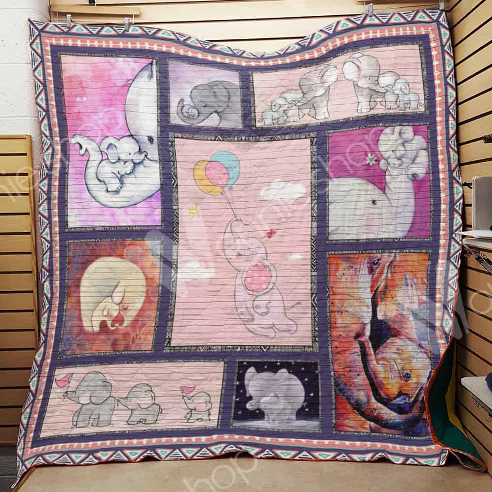 Elephant With Family And Balloon  Pink Baby Elephant  Quilt Blanket