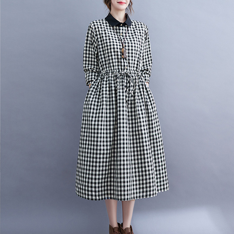 2022 Patchwork Korea Style Cotton Linen Fashion Plaid Autumn Dress Draw String Office Lady Work Dress Women Casual Spring Dress alx