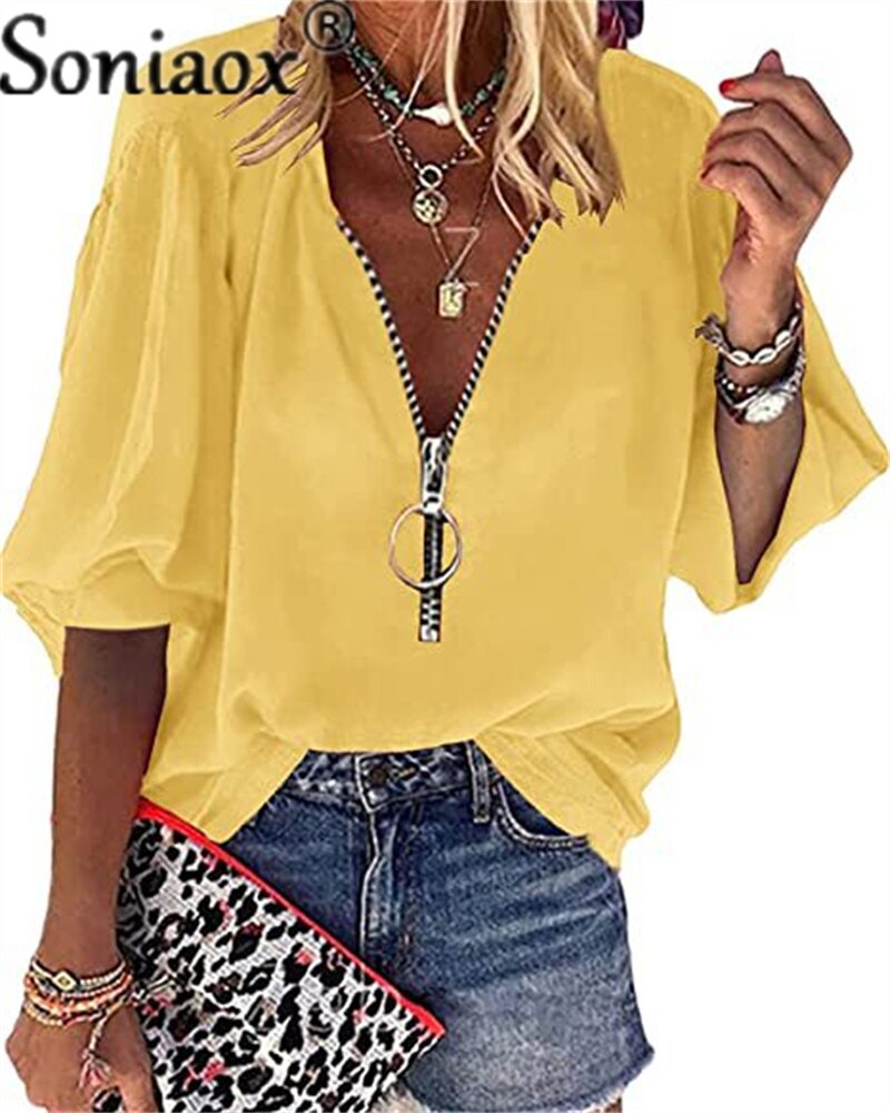 Summer 2022 New Fashion Shirt Blouse Women Solid Color V Neck Zipper Casual Tops Tees Ladies Lantern Short Sleeve Loose Shirt alx