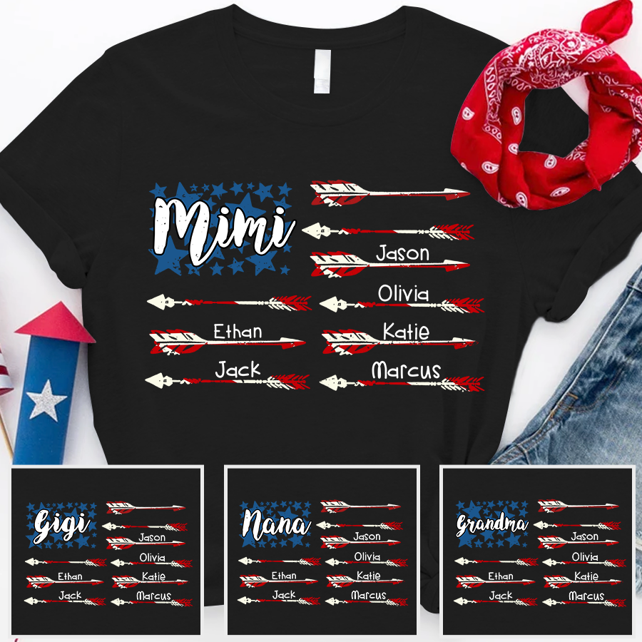 Mimi American Flag With Grandkids T-Shirt, Personalized Name 4Th July Shirt